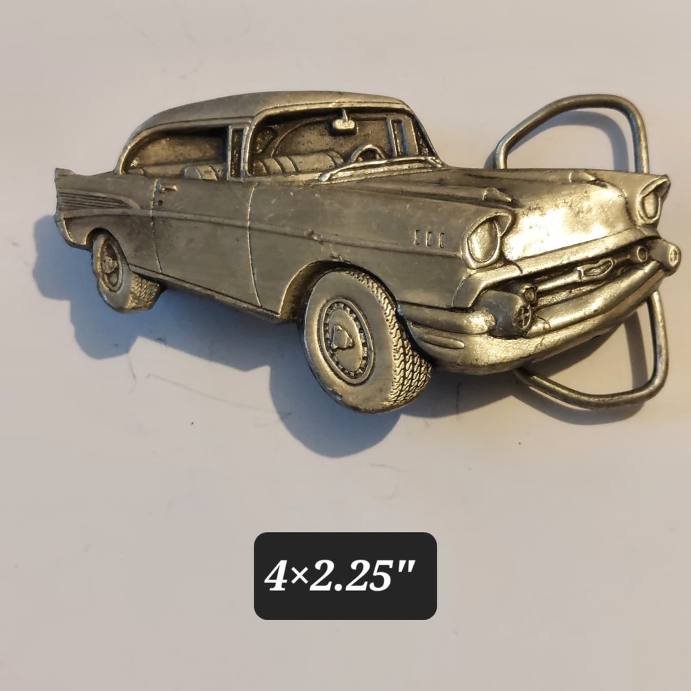 VTG 1979 Bergamot Brass Works Belt Buckle Classic Car 1957 Chevy Style USA4x2.25